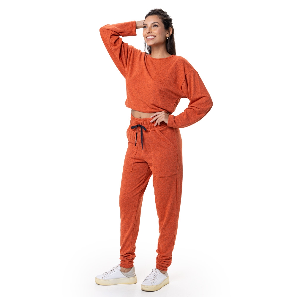 Conjunto Casual Malha Mesclada Cropped - Coral