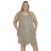 Roupão Feminino em Atoalhado Gramatura Leve Modelagem Justa com Zíper e Bolsos - Puff - Caqui