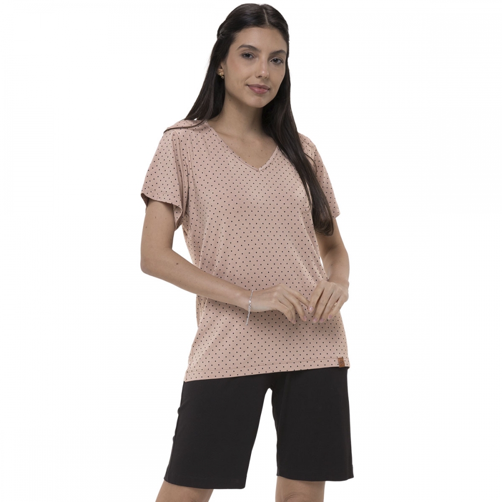 Pijama Curto Feminino Camiseta Poá e Bermuda Lisa Algodão - Única