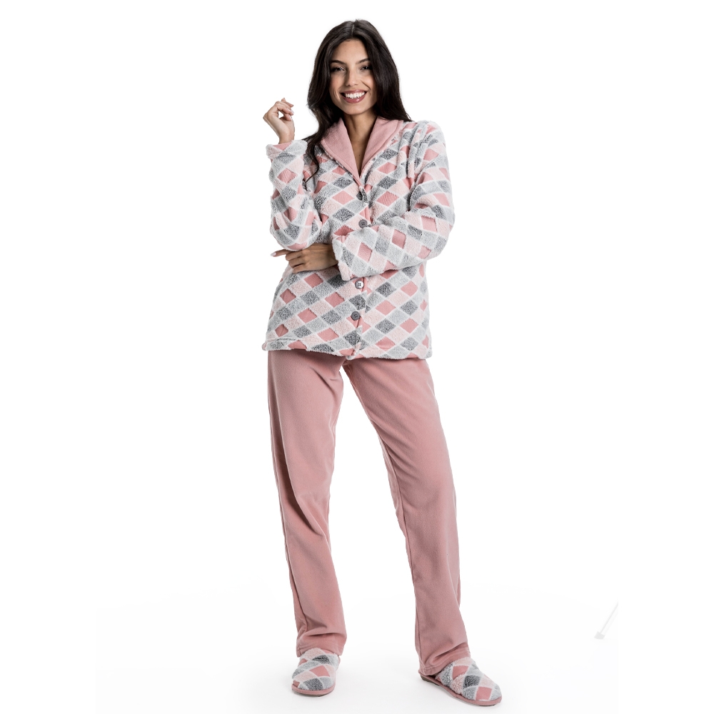 Pijama Pelúcia Losango Com Microsoft Aberto - Porcelana