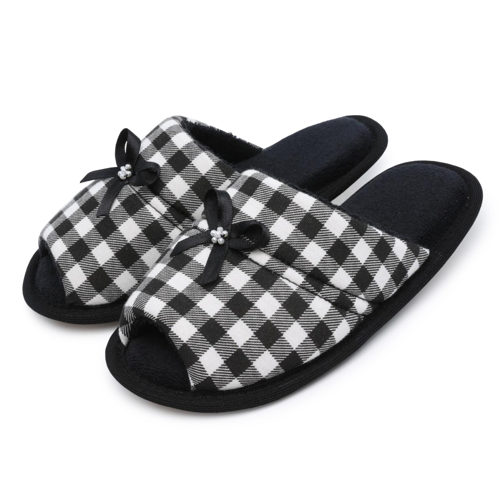 Pantufa Flexível Infantil em Atoalhado e Viscolycra Xadrez com Laço - Preto