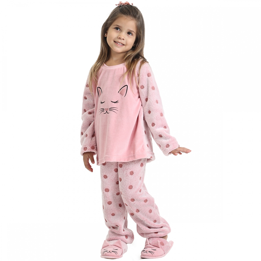Pijama de Gatinho Infantil em Pelúcia - Rosa