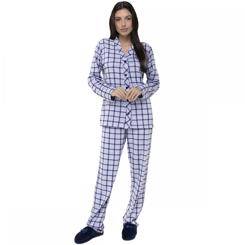 Pijama de Inverno Brush Australiano Abotoado - Estampa Xadrez - Marinho