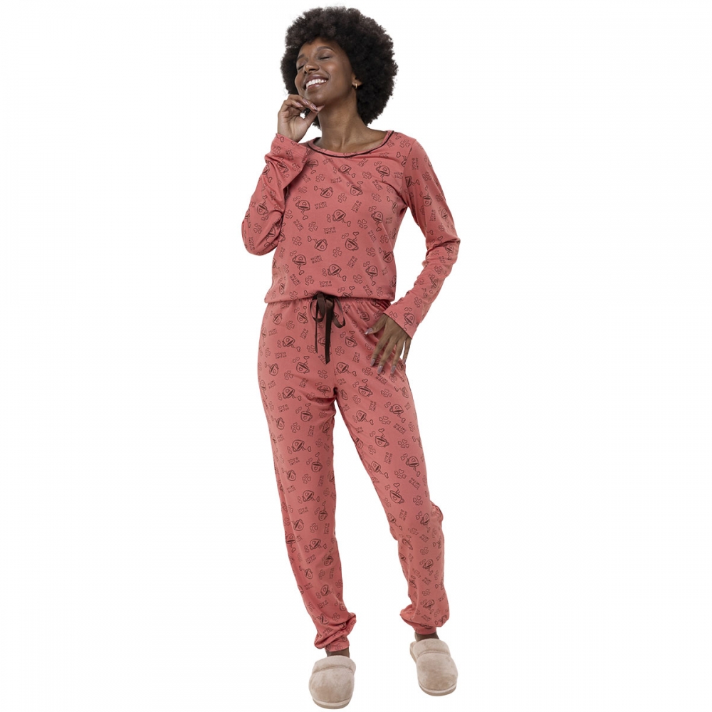 Conjunto Pijama Modal Feminino Longo Café Terracota - Única