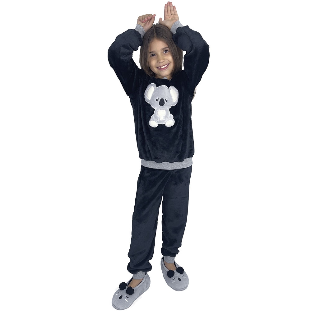 Pijama Puff Kids Pelúcia Fleece Coala Infantil Unisex - Preto