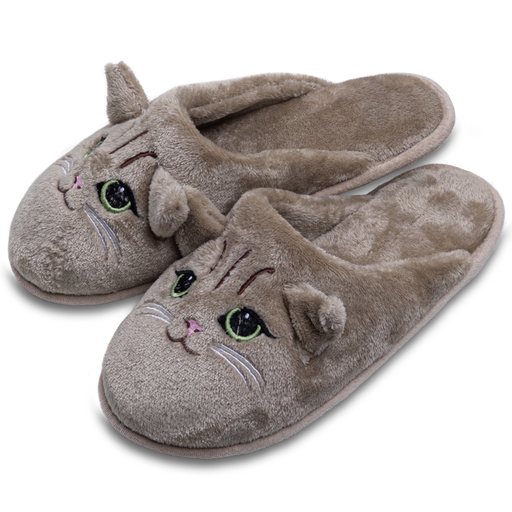 Pantufa Flexível Pelúcia Bordado Gato - Bege