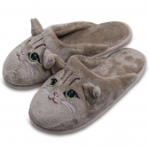 Pantufa Flexível Pelúcia Bordado Gato - Bege