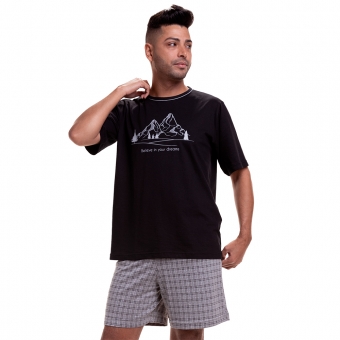 Pijama de Manga em Malha 100% Algodão Montanha com Jacquard Xadrez