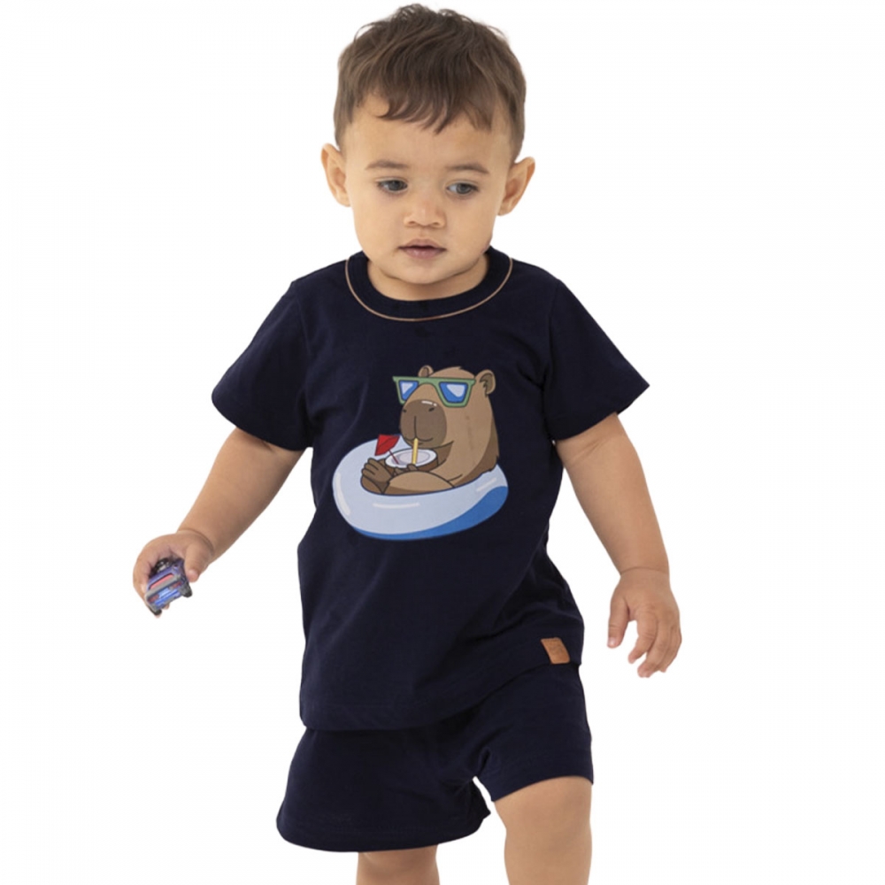Pijama Bebê Short Algodão Capivara Masculino - Capy & Cozy - Marinho