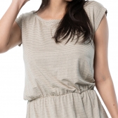 Vestido Malha Listra Elástico na Cintura - Bege