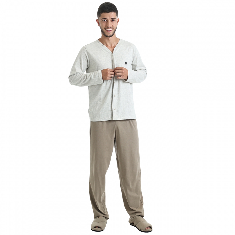 Pijama Longo Masculino de Botões em Malha - Caqui