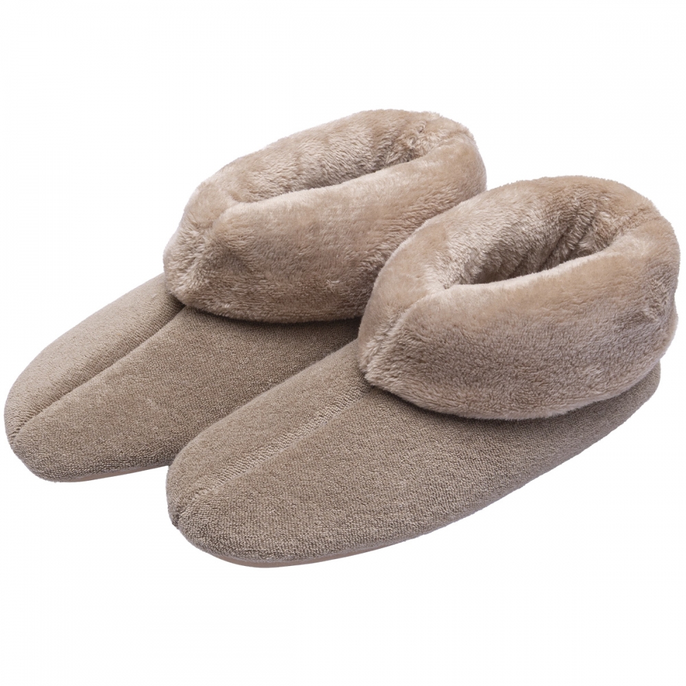 Pantufa Bota Feminina em Atoalhado com Pelúcia - Puff - Caqui