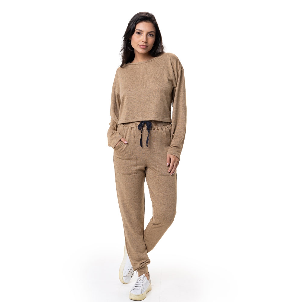Conjunto Casual Malha Mesclada Cropped - Caqui
