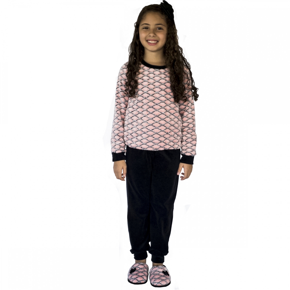 Pijama Infantil em Plush com Pelúcia Trabalhada - Preto/Rosa