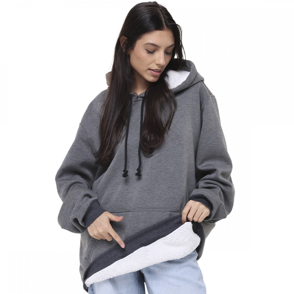 Blusa Moletom Dublado Fleece Peluciado com Capuz e Bolso- UNISEX - Chumbo
