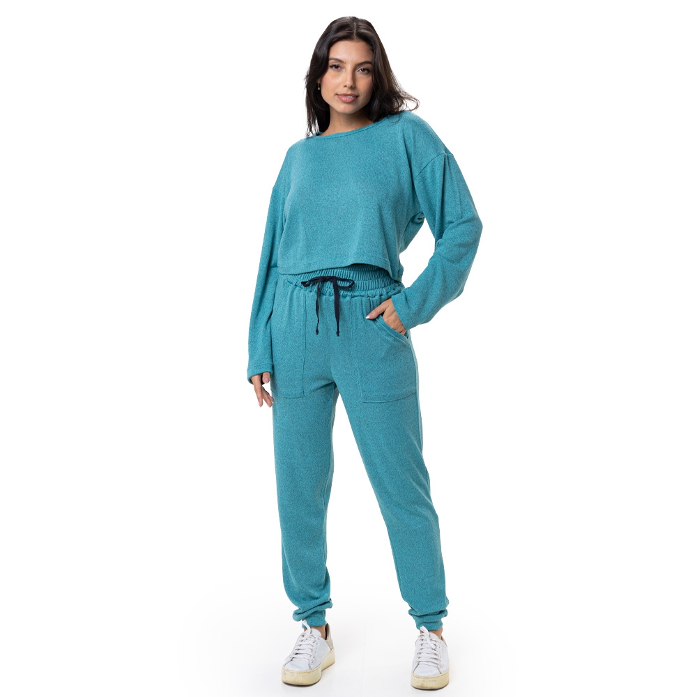 Conjunto Casual Malha Mesclada Cropped - Verde