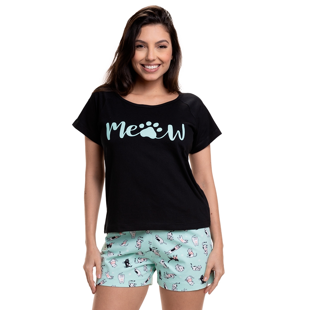 Short Doll de Manga em Malha 100% Algodão com Cotton Estampado - Preto