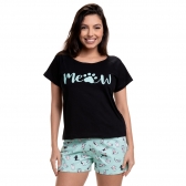 Short Doll de Manga em Malha 100% Algodão com Cotton Estampado - Preto