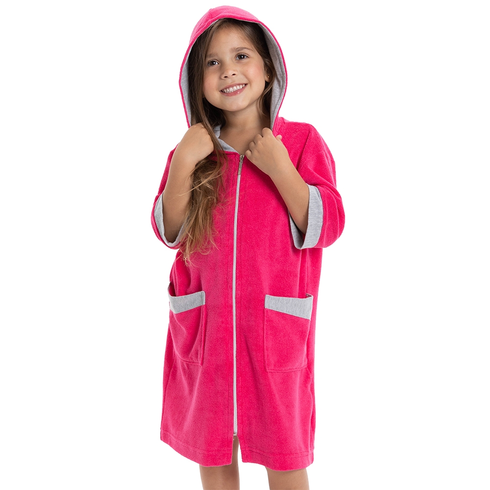 Roupão Atoalhado Infantil com Zíper e Capuz - Pink