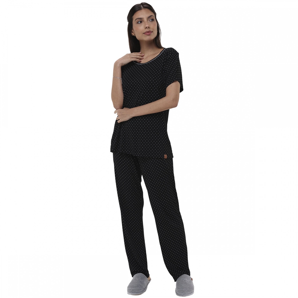 Pijama Feminino Viscolycra Poá ? Conforto e Elegância para Suas Noites - Preto