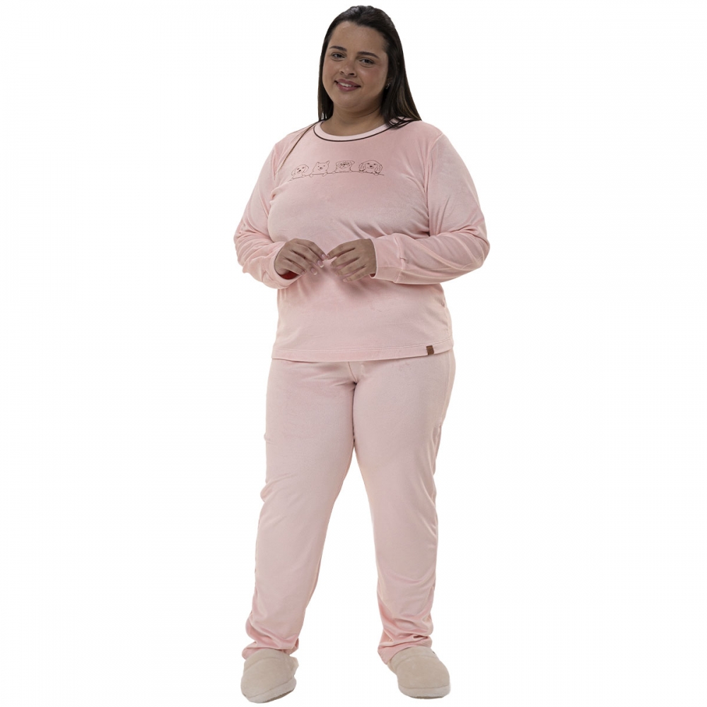 Pijama Feminino Plush Super Soft - Cachorrinhos - PLUS - Rosa