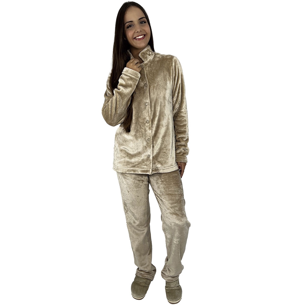 Pijama Pelúcia Puff Fleece Aberto - Conforto Sem Igual - Bege