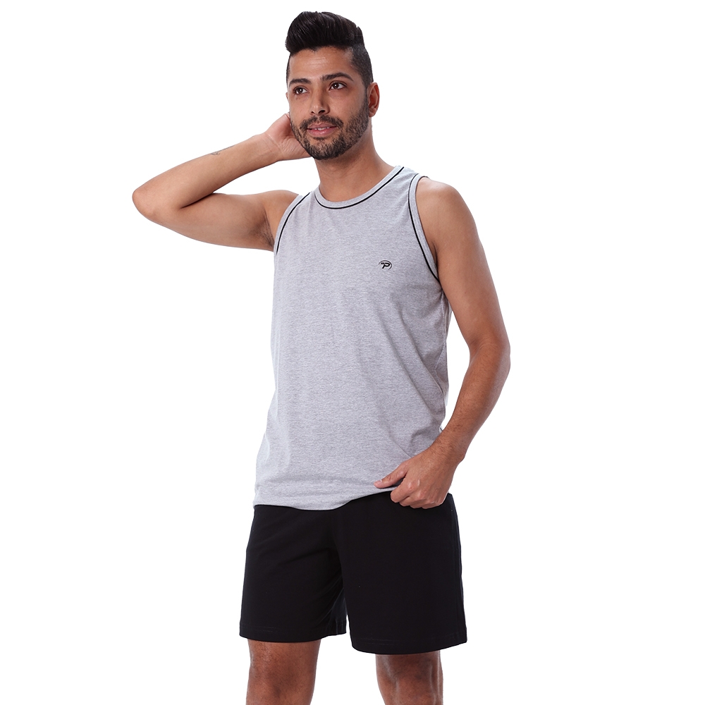 Pijama Masculino Regata Malha de Algodão Puff - Mescla