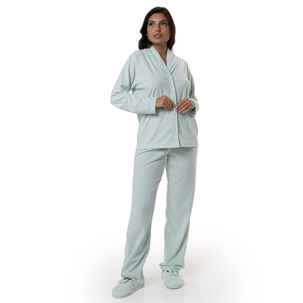 Pijama em Ultrasoft Grid com Abertura em Botões - Verde