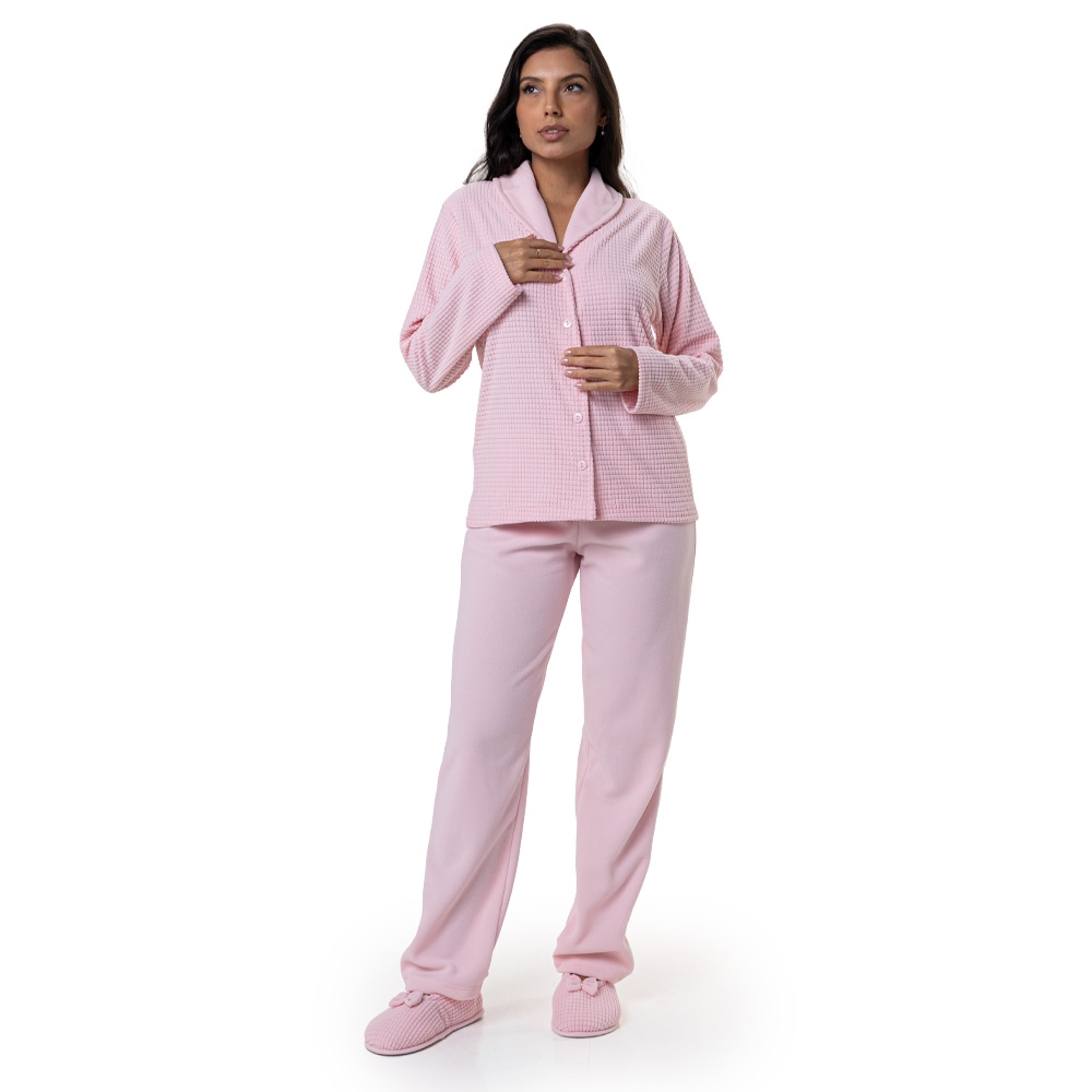 Pijama em Ultrasoft Grid com Abertura em Botões - Rosa