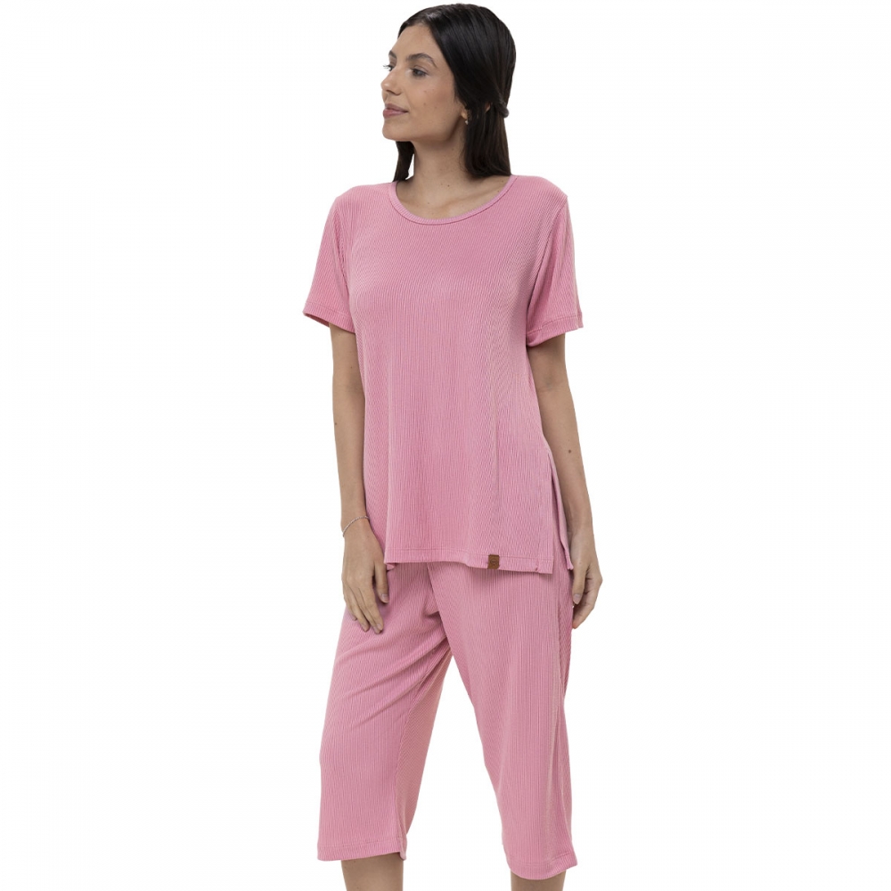 Conjunto Lounge Capri Modal Canelado Dream Manga Curta - Rosa