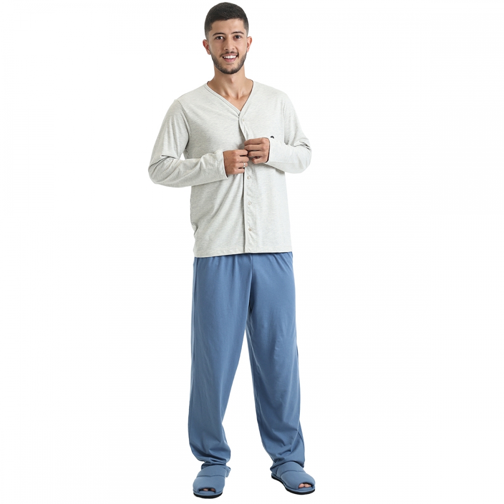 Pijama Longo Masculino de Botões em Malha - Índigo