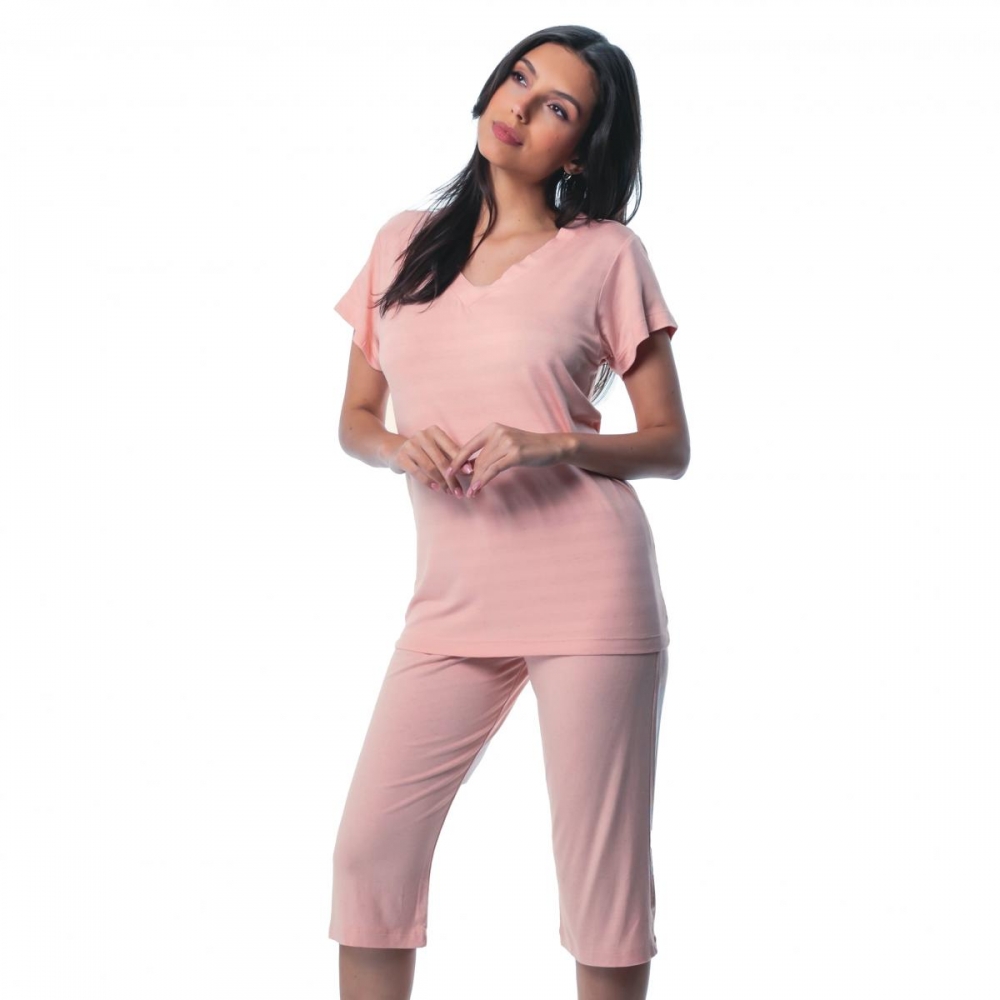 Pijama Pescador em Visco Linho Listrado - Porcelana