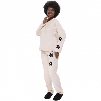 Pijama Inverno Fleece Peluciado com Bordado de Flores