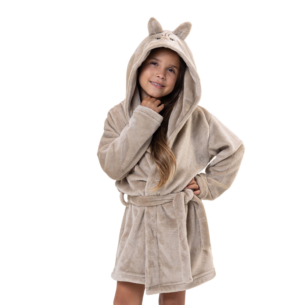 Robe Pelúcia Bordado Gatinho Infantil - Bege