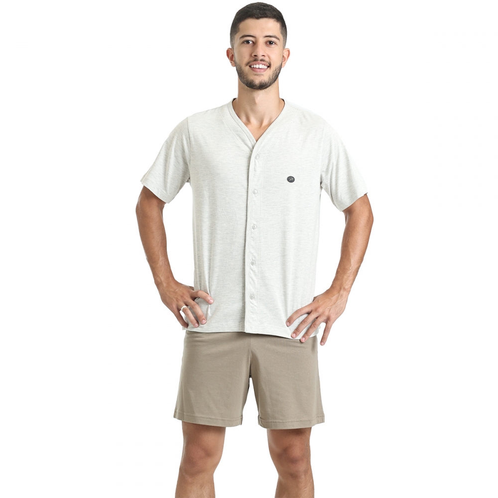 Pijama Masculino em Malha de Algodão com Botões - Caqui