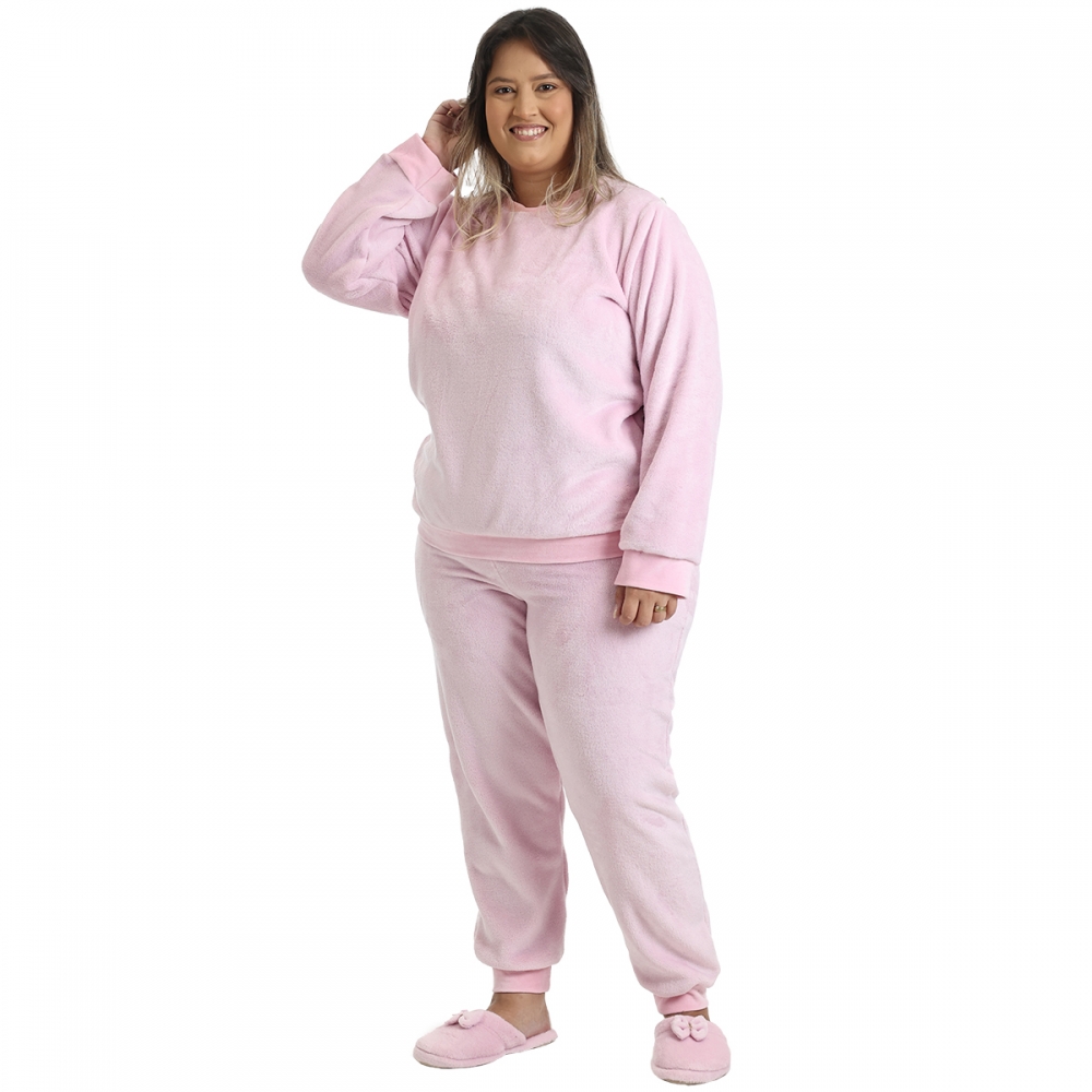 Pijama Plus Size em Pelúcia Lisa - Rosa