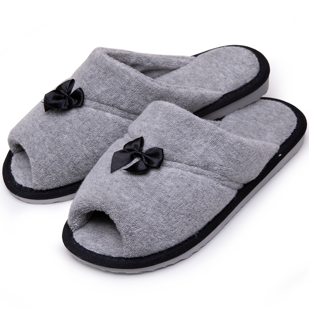 Pantufa Aberta em Atoalhado com Laço de Cetim - Preto